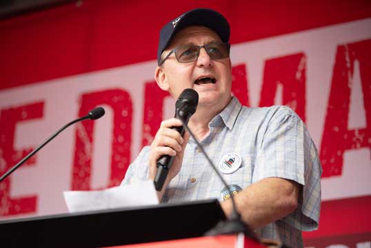 Nautilus general secretary Mark Dickinson outlines the Union's Fair Ferries campaign at a TUC 'We Demand Better' rally in June 2022. Image: Anna Gordon. Image:Nautilus general secretary Mark Dickinson outlines the Union's Fair Ferries campaign at a TUC 'We Demand Better' rally in June 2022. Image: Anna Gordon.